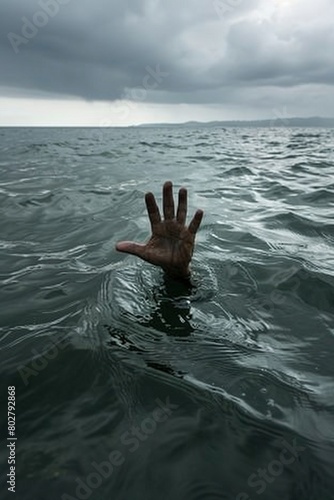 A ghostly hand emerges from the dark ocean depths, shrouded by ominous storm clouds.