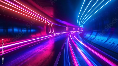 a colorful tunnel with neon lights featuring a blue wall and a white line