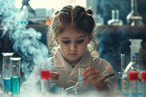 cute schoolgirl scientist doing experiments with smoke in modern laboratory photo