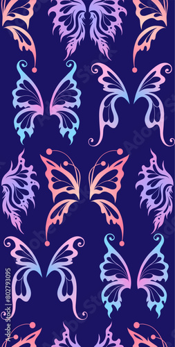 Vector seamless neon pattern with gradient silhouettes of butterfly wings in pastel colors on violet background. Magic texture with fairy and pixie wings in row for fabrics and wallpapers (ID: 802793095)
