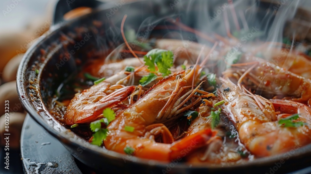 Close-up of a steaming bowl of Tom Yum Goong soup with plump shrimp, straw mushrooms, and aromatic spices, ready to be enjoyed