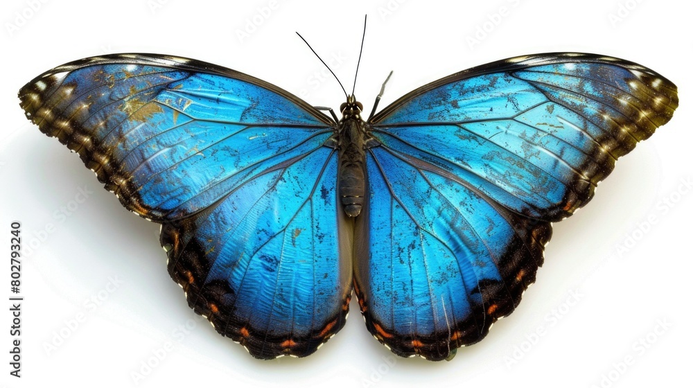 Beautiful blue butterfly perched on a white surface, perfect for nature or spring themed designs Beautiful blue butterfly perched on a white surface, perfect for nature or spring themed designs