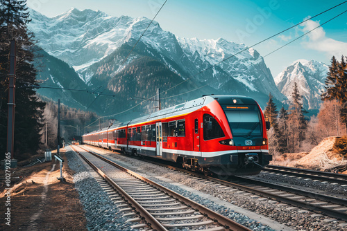 modern train on the railroad with beautiful mountain view
