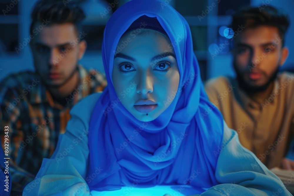 A woman in a hijab looking at a laptop screen. Suitable for technology and diversity concepts A woman in a hijab looking at a laptop screen. Suitable for technology and diversity concepts