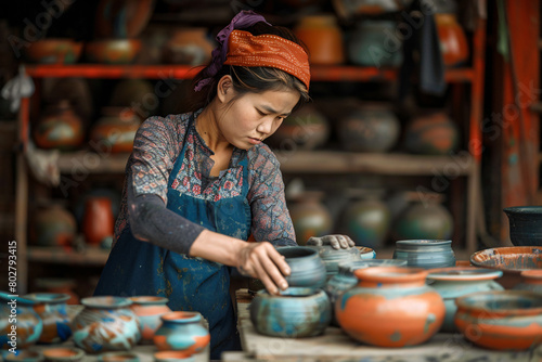 young woman working in bright pottery photo