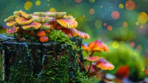 Close-up of colorful mushrooms thriving on the damp surface of a tree stump, adding vibrant splashes of color to the forest floor.