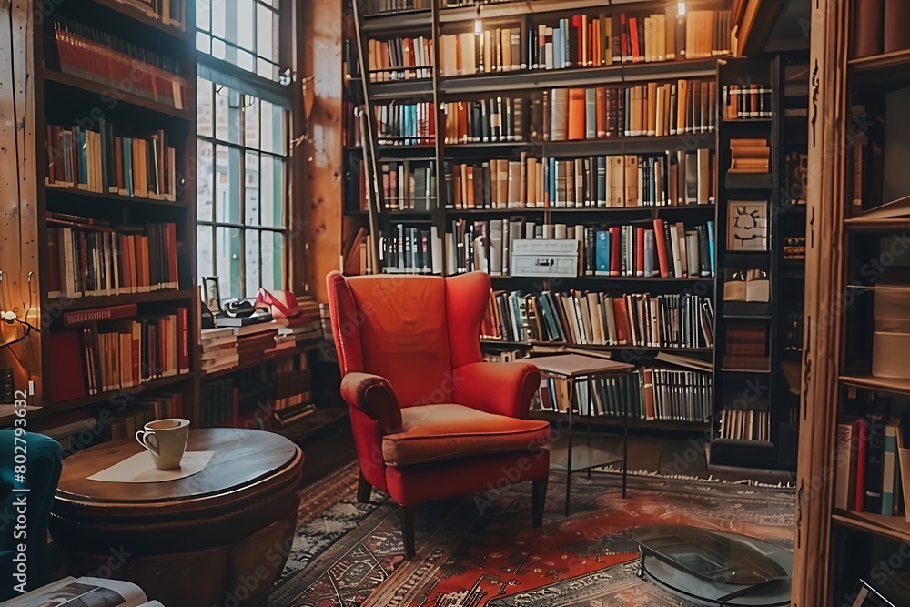 A library alcove with floor-to-ceiling bookshelves, a plush reading chair, and a freshly brewed cup of coffee on a nearby table.
