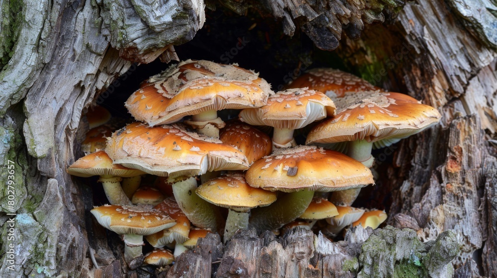 Close-up of mushrooms growing in the hollow of a tree, serving as a cozy shelter for woodland creatures and a picturesque sight for forest explorers. Close-up of mushrooms growing in the hollow of a tree, serving as a cozy shelter for woodland creatures and a picturesque sight for forest explorers.