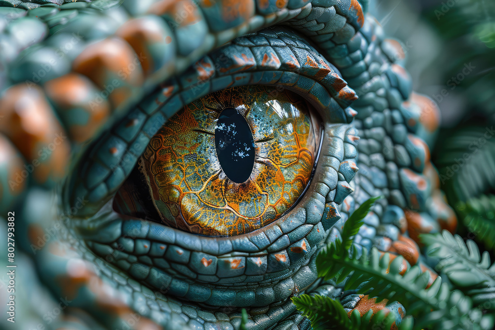 Closeup of the eye and scales of an exotic dinosaur, showcasing its intricate patterns in the style of high definition photography. Created with Ai