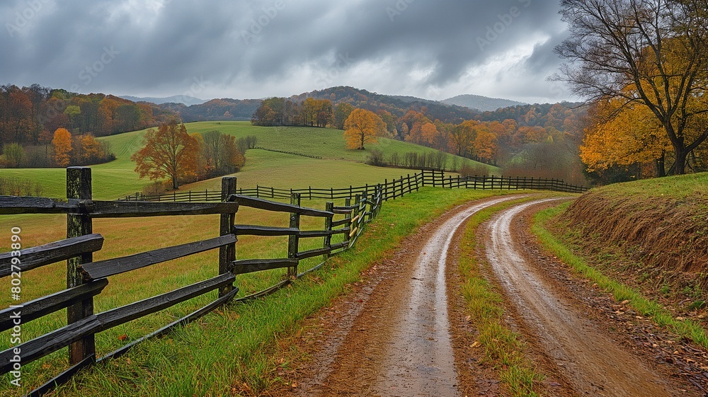 Fototapeta premium A farm in rural Rockbridge County, Buena Vista, Virginia, with a fence and a foggy fall day, as well as a dirt road driveway on a hill
