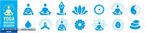 Meditation Practice Yoga and Zen icons set. Relaxation Inner Peace Self-knowledge Inner Concentration Editable Stroke Line icons collection Vector.