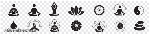 Meditation Practice Yoga and Zen icons set. Relaxation Inner Peace Self-knowledge Inner Concentration Editable Stroke Line icons collection Vector.