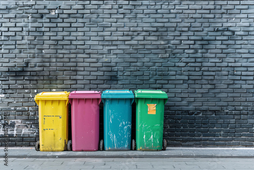 multicolored trash bins over brick wall background