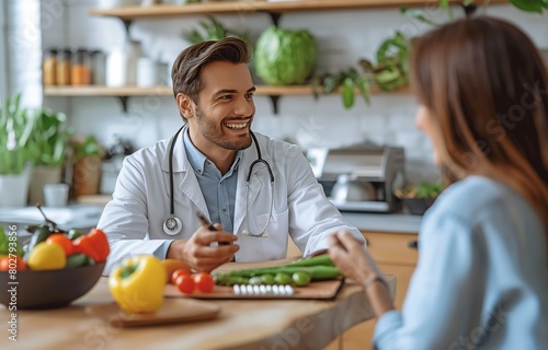 wearing a stethoscope and a white lab coat discussing diet, food, and supplement pills with the patient while seated and grinning at a desk