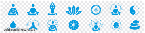 Meditation Practice Yoga and Zen icons set. Relaxation Inner Peace Self-knowledge Inner Concentration Editable Stroke Line icons collection Vector.