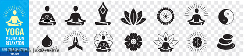 Meditation Practice Yoga and Zen icons set. Relaxation Inner Peace Self-knowledge Inner Concentration Editable Stroke Line icons collection Vector.