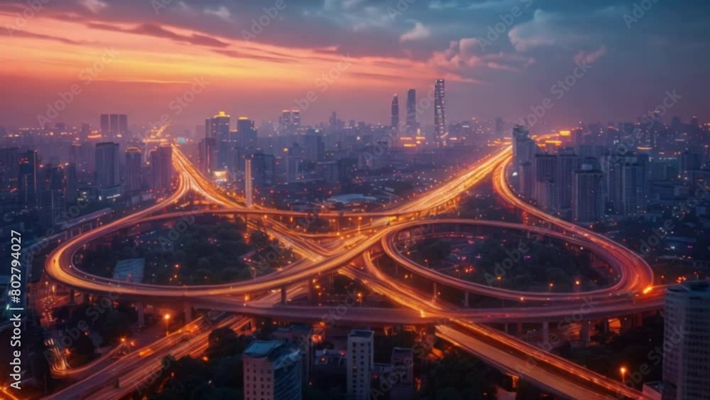 Aerial view of the glowing lights of a busy highway interchange at dusk, with a city skyline backdrop. Aerial view of the glowing lights of a busy highway interchange at dusk, with a city skyline backdrop.