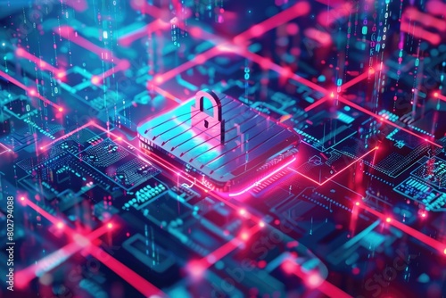 Close up of a circuit board with a padlock, suitable for technology and security concepts