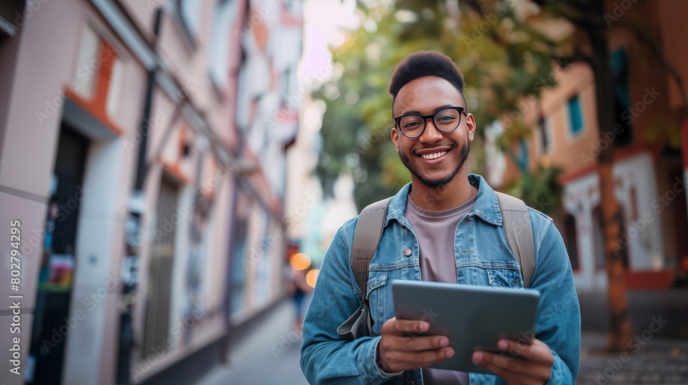 Black young man in the street, holding a tablet and smiling Black young man in the street, holding a tablet and smiling