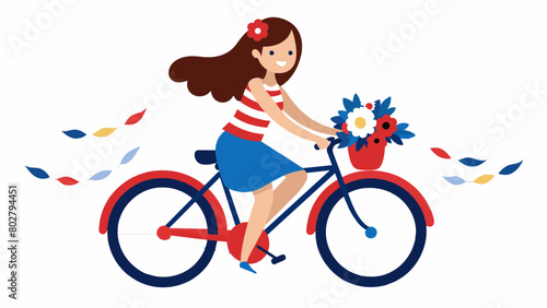 A girl proudly displaying a homemade red white and blue banner that reads Happy Independence Day as she rides her bike adorned with garlands of. Vector illustration