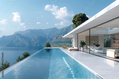  A stunning white modern villa with infinity pool, overlooking the mountainous landscape of mountains and sea in KRA. Created with Ai © Design