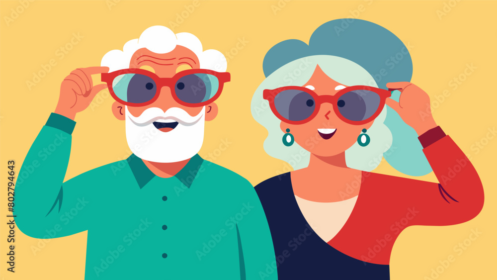 An elderly couple holding up a pair of funky sunglasses they found playfully taking turns trying them on.. Vector illustration
