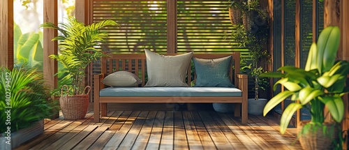 Tropical house pillows and plants in an outside green garden beach patio wooden bench in a home's backyard porch with no one else in Florida © tongpatong