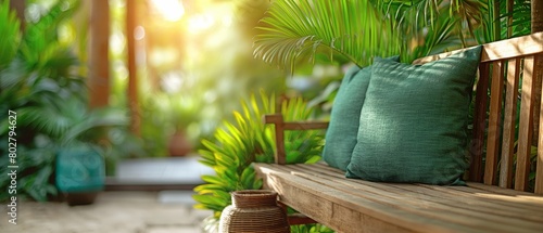 Tropical house pillows and plants in an outside green garden beach patio wooden bench in a home's backyard porch with no one else in Florida photo