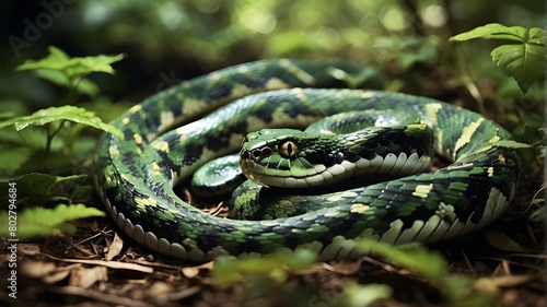 Snake: In a dense forest, a sinuous snake slithers gracefully across the forest floor. Its scales shimmer in the dappled sunlight, displaying a mesmerizing array of colors ranging from emerald green t