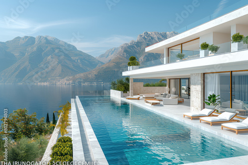 A modern luxury villa with an infinity pool, overlooking the mountains and sea in Kotor Bay. With architecture inspired by Mont richardson, white walls, big windows. Created with Ai photo
