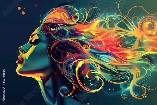 A woman with vibrant hair flowing in the breeze, suitable for beauty or fashion concepts photo