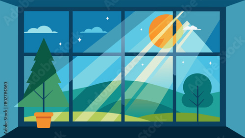 Natural light streams in through large windows reducing the need for artificial lighting and saving energy.. Vector illustration