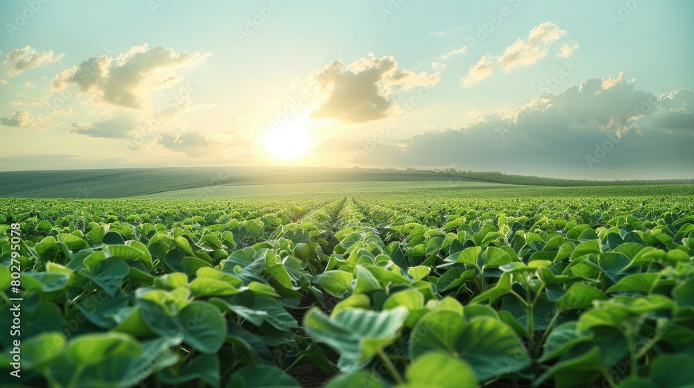 Fototapeta premium A green soybean field, clear sky, sunny. Generative AI.