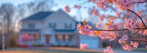 Pink cherry blossoms and sakura tree blooms on branches in the foreground during springtime in northern Virginia, with a house in the neighborhood's background blurred by bokeh.