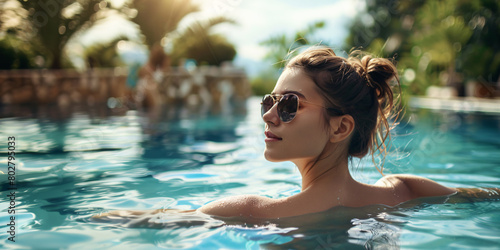 travel and vacation concept  portrait of beautiful woman in swimming pool  background with copy space