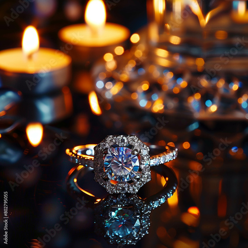 A majestic diamond ring gleaming under soft candlelight. Ai generated