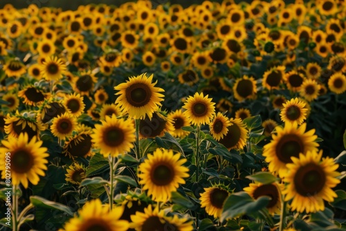 Bask in the golden glow of a field of sunflowers at sunset  where the towering blooms turn their faces towards the fading light  casting long shadows Generative AI