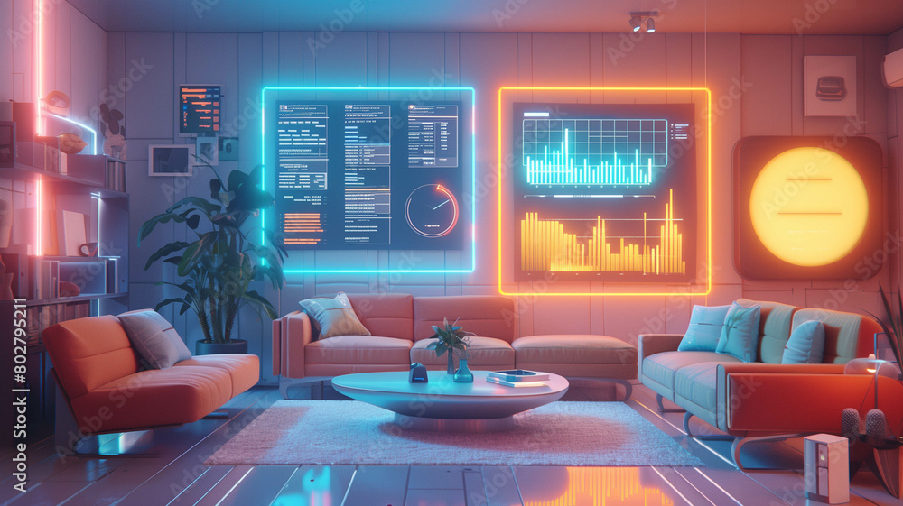 A modern living room setting with multiple content plates integrated seamlessly, presenting chart data comparison in a retro futuristic style. Ai generated A modern living room setting with multiple content plates integrated seamlessly, presenting chart data comparison in a retro futuristic style. Ai generated