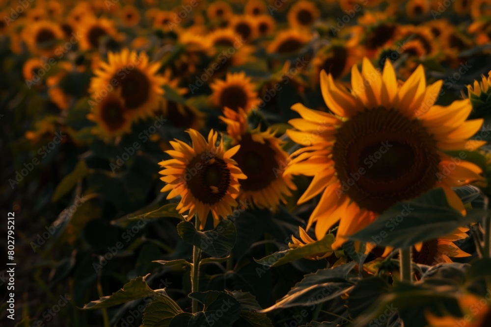 Fototapeta premium Bask in the golden glow of a field of sunflowers at sunset, where the towering blooms turn their faces towards the fading light, casting long shadows,Generative AI