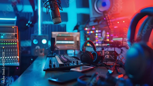  Immerse yourself in a modern recording studio for podcasts, music, and creative content creation, featuring innovative 3D animation and multimedia production services. photo