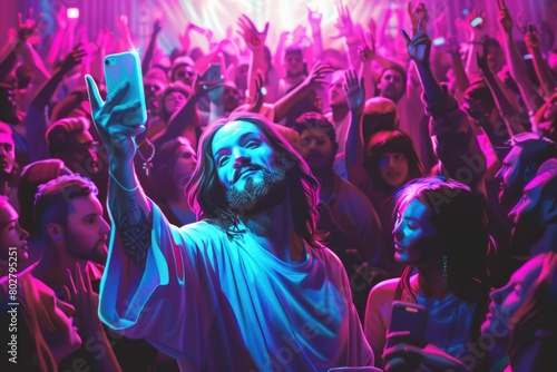A man taking a selfie in front of a crowd, suitable for social media use photo