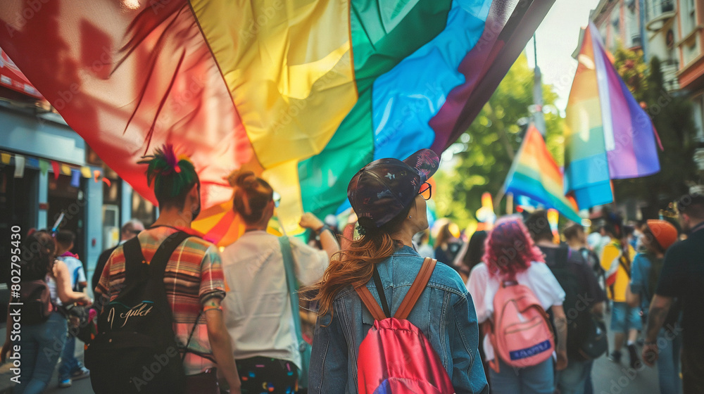 LGBT movement participants walk down the street with flags