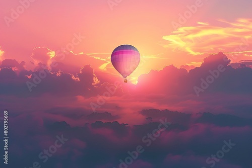 A lone hot air balloon drifts serenely across a pastel-colored sunrise, a peaceful scene.