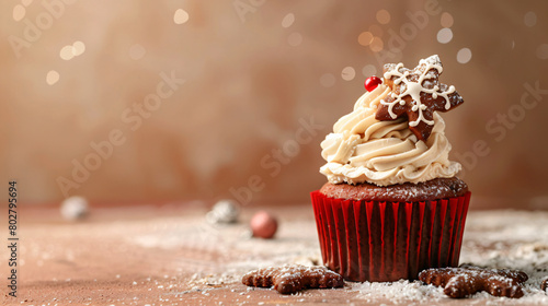 Tasty Christmas cupcake with gingerbread cookie on bei photo