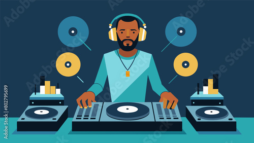 The DJ skillfully flipped between records creating smooth transitions between songs and keeping the energy high throughout the night. Vector illustration