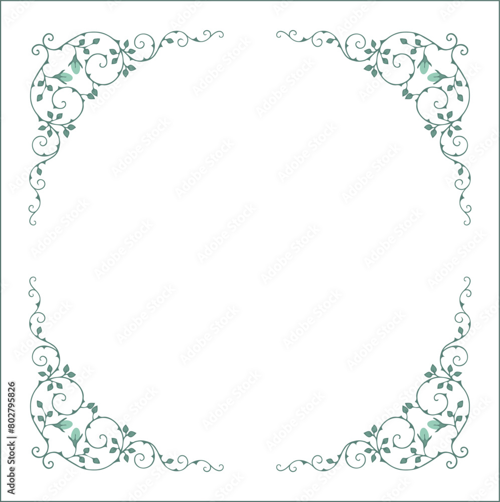 Green vegetal ornamental frame with leaves, round frame, decorative border, corners for greeting cards, banners, business cards, invitations, menus. Isolated vector illustration.
Green vegetal ornamental frame with leaves, round frame, decorative border, corners for greeting cards, banners, business cards, invitations, menus. Isolated vector illustration.