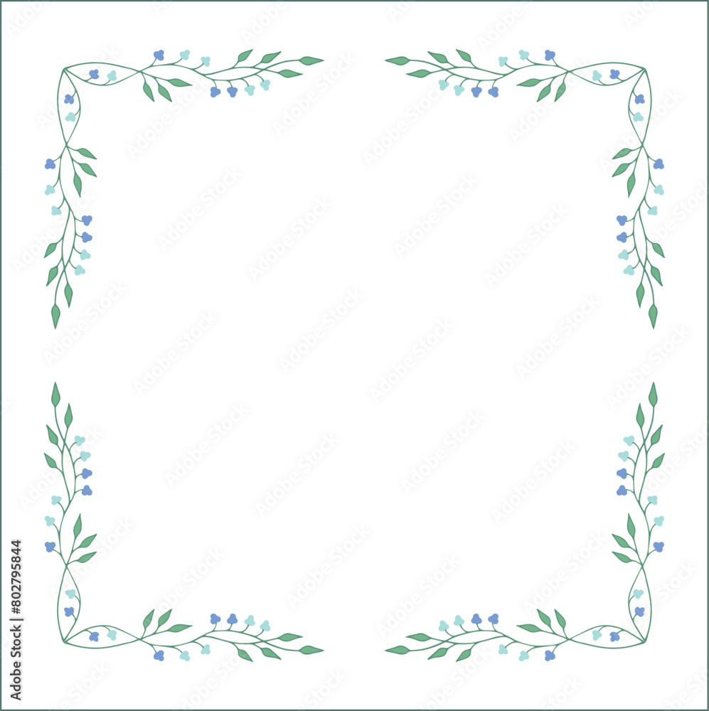 Green vegetal ornamental frame with leaves and blue flowers, decorative border, corners for greeting cards, banners, business cards, invitations, menus. Isolated vector illustration.
Green vegetal ornamental frame with leaves and blue flowers, decorative border, corners for greeting cards, banners, business cards, invitations, menus. Isolated vector illustration.