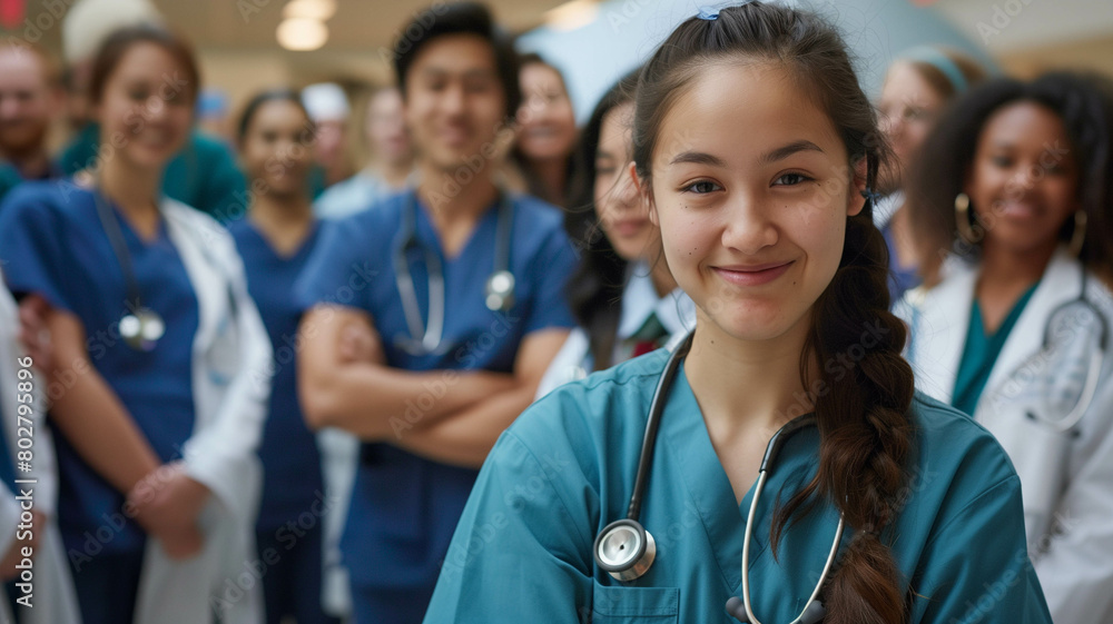 A young female nursing student, surrounded by a diverse group of medical students and doctors, all wearing scrubs and stethoscopes, genuine photojournalism. Ai generated A young female nursing student, surrounded by a diverse group of medical students and doctors, all wearing scrubs and stethoscopes, genuine photojournalism. Ai generated