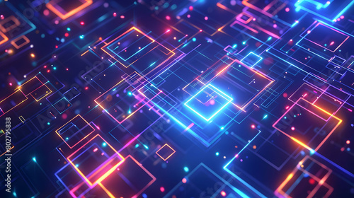 Abstract hologram digital background with colorful glowing light squares and complex maze lines on a dark blue background