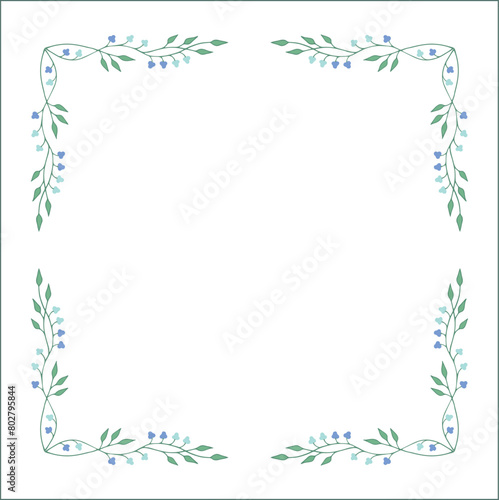 Green vegetal ornamental frame with leaves and blue flowers, decorative border, corners for greeting cards, banners, business cards, invitations, menus. Isolated vector illustration.	
